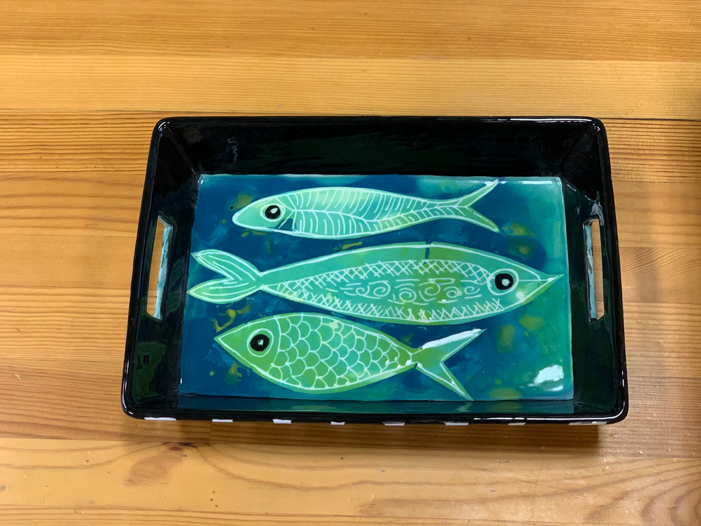 Etched green fish black tray with two handles