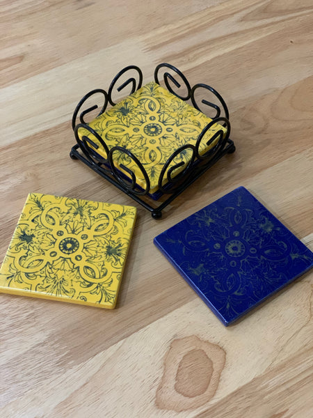 Coaster Set with Metal Holder- 3.5" Square